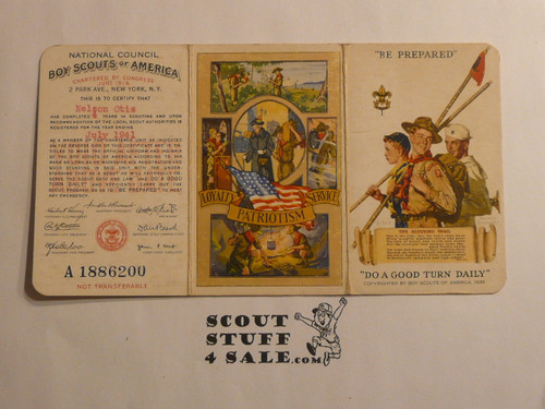 1941 Boy Scout Membership Card, 3-fold, 7 signatures, July 1941, BSMC337