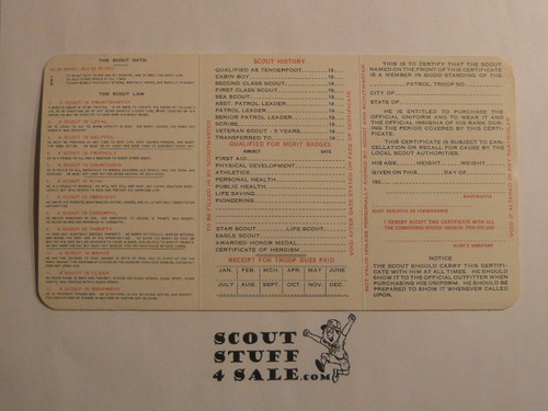1927 Boy Scout Membership Card, 3-fold, 7 signatures, MINT condition unfolded, December 1927, BSMC346