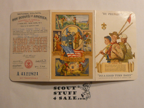 1943 Boy Scout Membership Card, 3-fold, with envelope, 5 signatures, expires May 1943, BSMC344