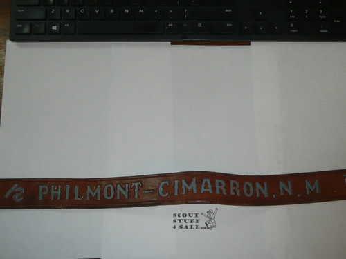 Philmont Scout Ranch, Tooled Leather Belt, 33" waist, 1951, notice that it came painted, includes heavy brass buckle