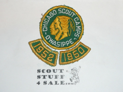 Owasippe Scout Reservation c/e twill Camp Patch and 1950 and 1952 Segments, Chicago Area Council, lite use