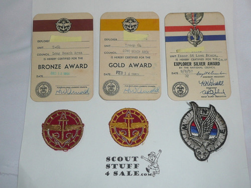 1950's Explorer Scout Bronze, Gold and Silver Award Patches and Rank Cards