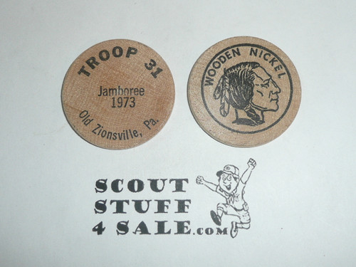 1973 National Jamboree Troop 31 Old Zionsville PA Boy Scout Wooden Nickel