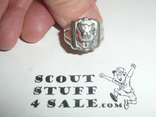 Eagle Scout Ring, 1940's STERLING Silver, a tiny bit of wear to the scroll, Size 8 1/2, Can be sized to fit