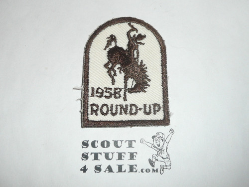 1958 Round-up Patch, Generic BSA issue, white twill, brown c/e bdr, bronco