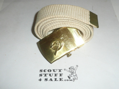 1960's Explorer Scout Brass Friction Belt Buckle with white web belt, UNUSED