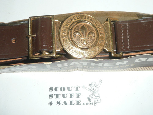 1967 Boy Scout World Jamboree Official Leather Belt with Brass Buckle, size 34, MINT condition in box