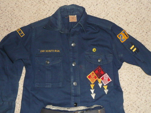 Complete 1940's Official Cub Scout Uniform, includes shirt with metal buttons, knickers, belt and socks, Shirt 18" chest / 23 1/2" lentgth, knickers 24" waist x 23" length