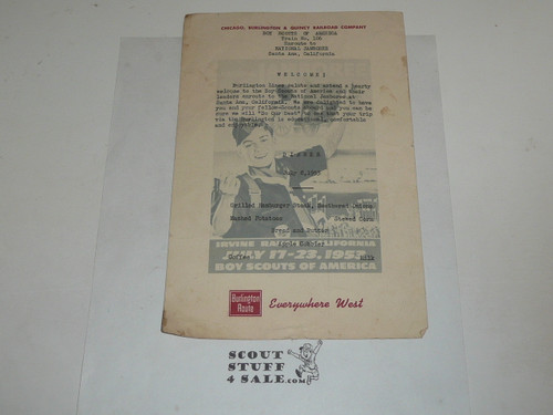 1953 National Jamboree Burlington Railroad Dinner Menu and welcome Card