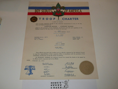 1954 Boy Scout Troop Charter, February, 20 Year Veteran Troop