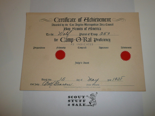 1938 Los Angeles Area Council Camp-O-Ral Proficiency Certificate