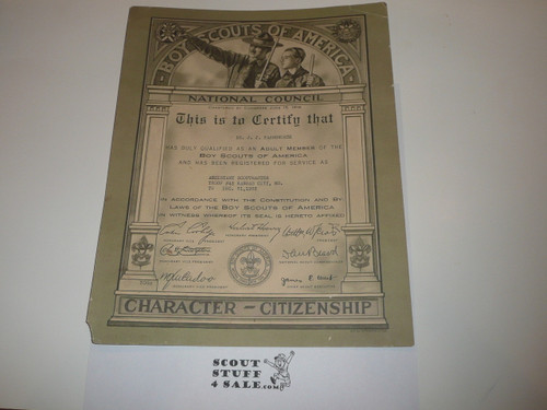 1933 Adult Leader Warrant Certificate, 8" x 10"