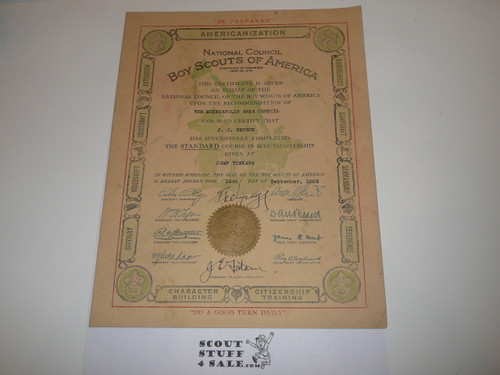 1929 Minimum Course in Scoutmastership Training Certificate, Camp Tonkawa, Presented