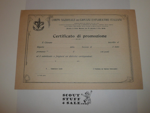 1910's Italian Boy Scout Advancement Certificate, blank