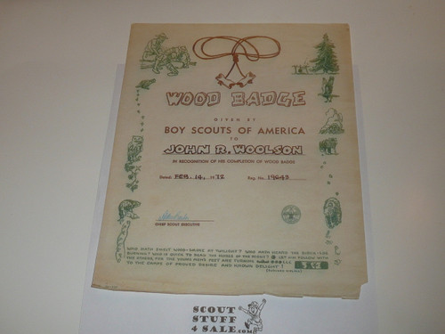 1972 Wood Badge Training Certificate, Presented