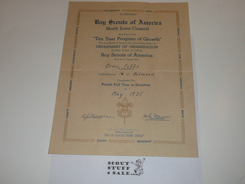 1935 North Iowa Council Ten Year Program of Growth Certificate