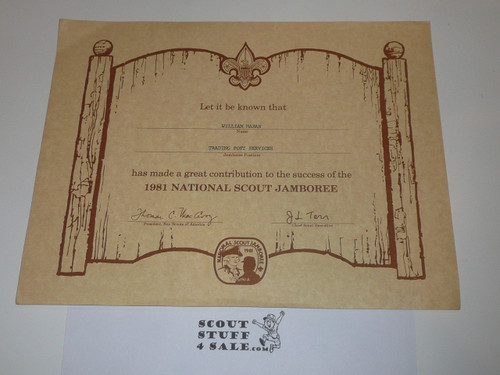 1981 National Jamboree Certificate of Appreciation, presented