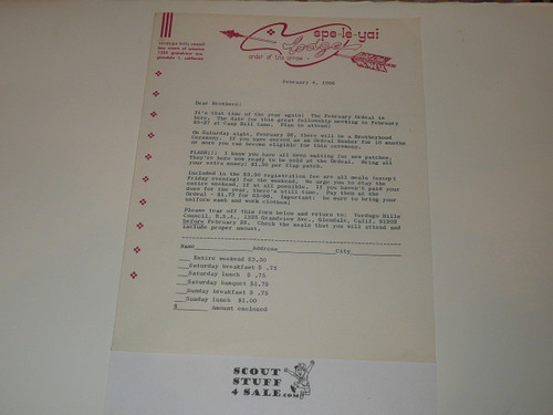 1966 Order of the Arrow Lodge #249 Spe-Le-Yai Ordeal Invitation on Lodge Stationary