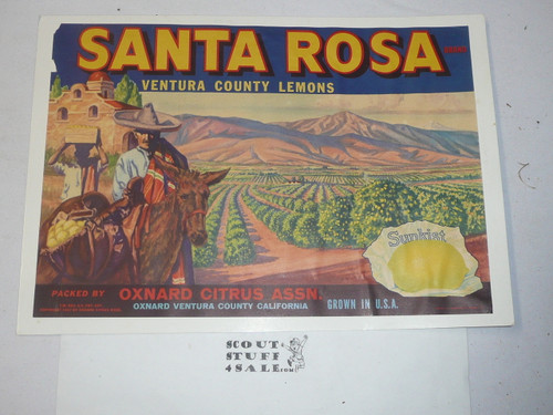 1940's Santa Rosa Brand Lemons Produce Label, Original, on piece of 8 1/2" x 11" paper
