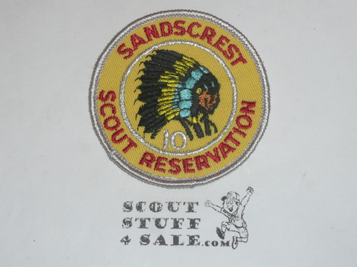 Sandscrest Scout Reservation Patch, National Trail Council, 1970's 10th Anniversary, yellow twill silver r/e bdr