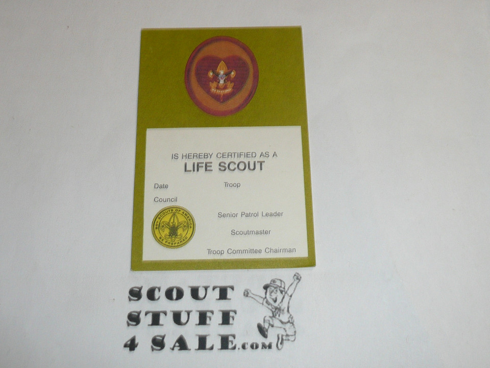 19741986 Life Scout Rank Achievement Card, Boy Scout