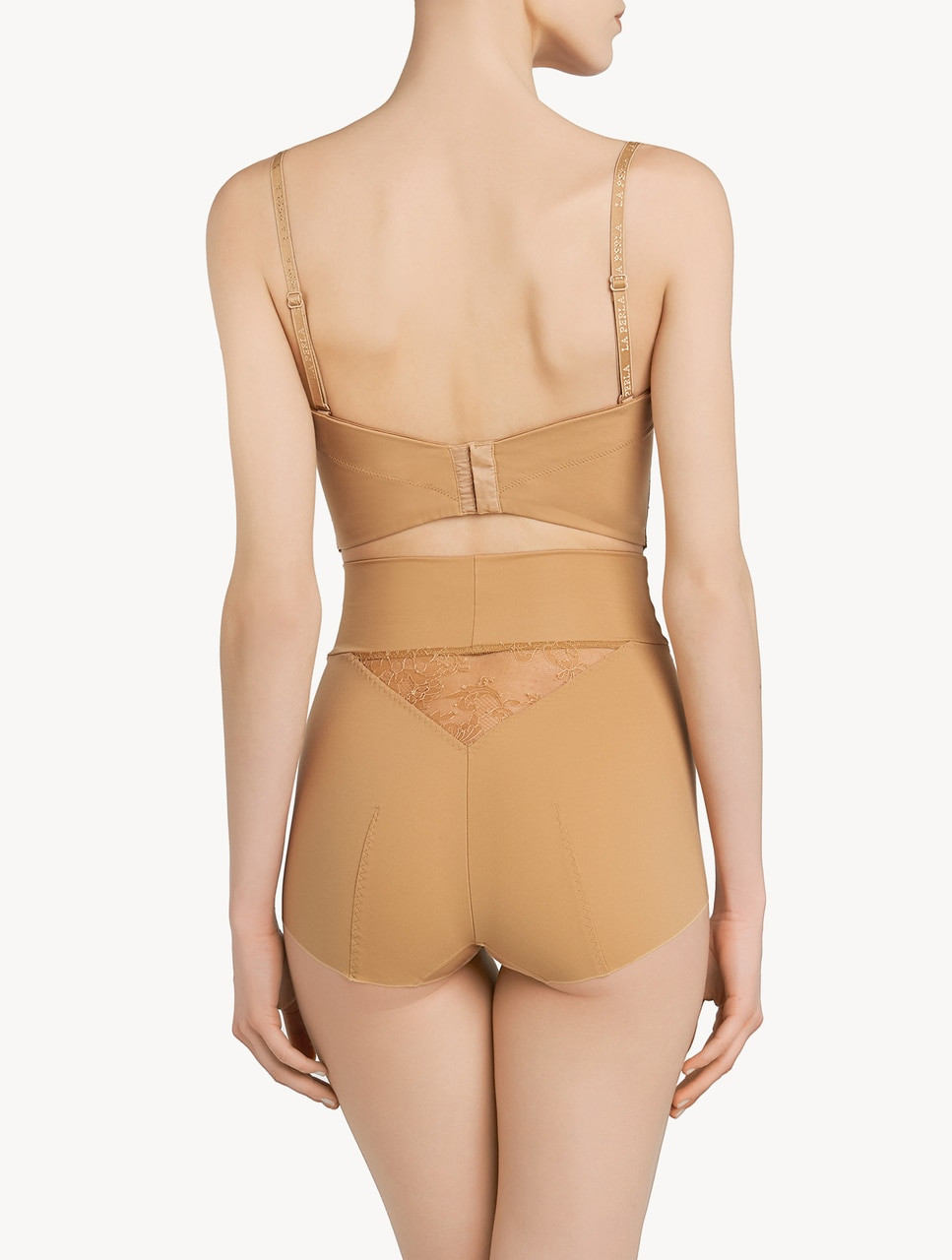 Nude Lycra strapless brassiere with Chantilly lace