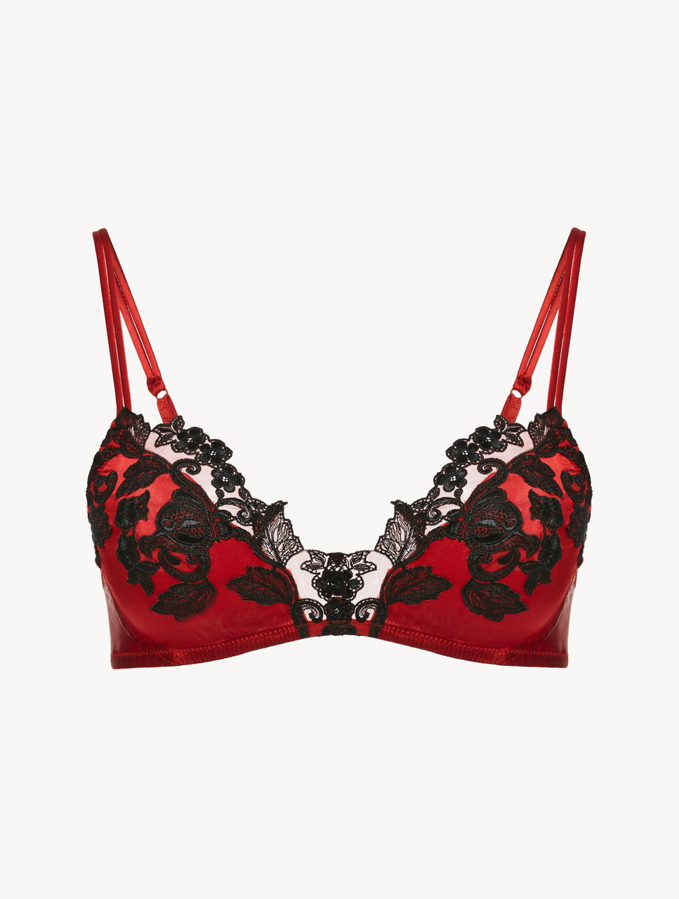 Red silk Triangle Bra with black frastaglio