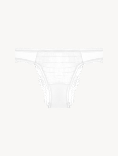 Off-white Leavers lace brazilian brief with tulle ruffle