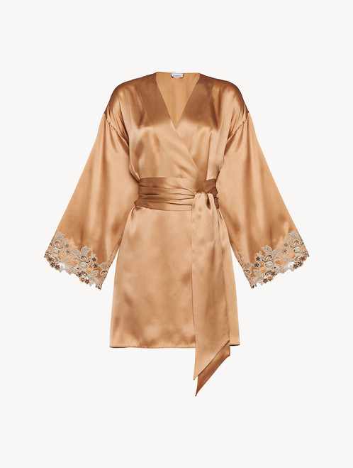 Bronze silk satin robe with frastaglio