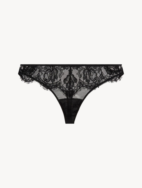 Black thong with floral lace
