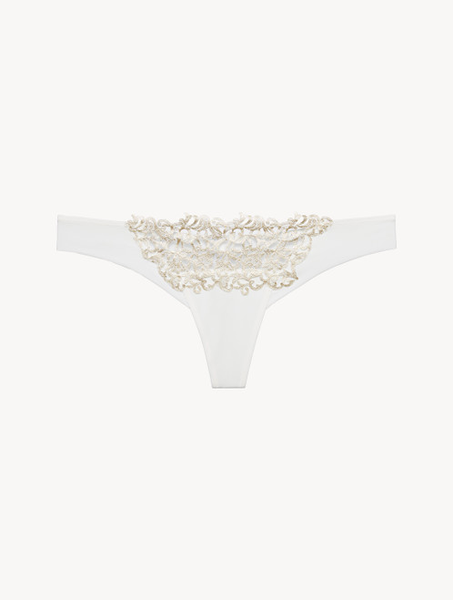 Off-white thong with gold macramé