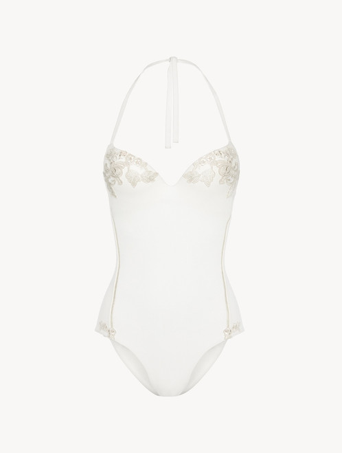 Swimsuit in off-white with ivory embroidery and tulle