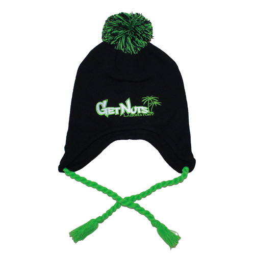Black and Green Get Nuts Lab Beanie with Ear Flaps and Pom