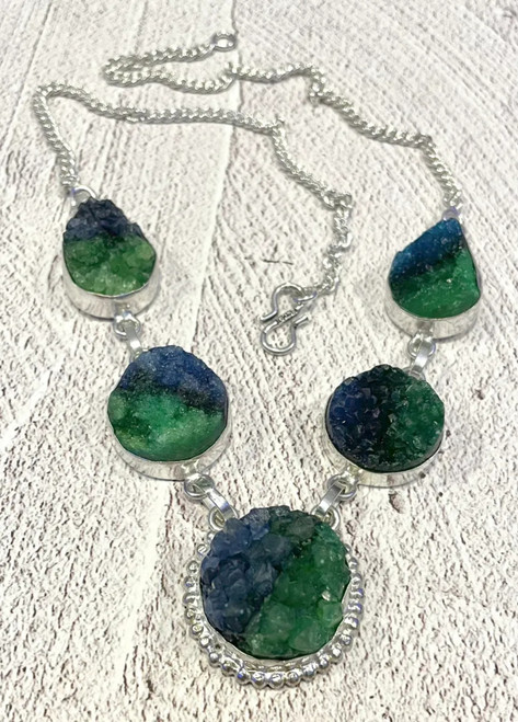 Natural Azurite Malachite Druzy Statement Necklace in .925 Sterling Silver – 18.75"