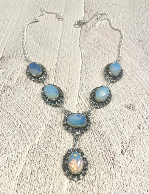 Handcrafted 925 Sterling Silver Milky Opalite Statement Necklace – Artisan Boho Jewelry