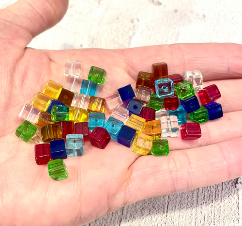 6mm Mixed Color Glass Cube Beads for Jewelry Making (50 Pcs)