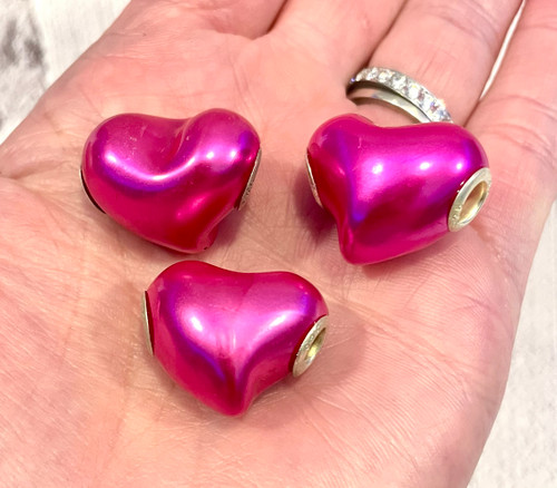 Puffy Pink Heart Charms - Sterling Silver Core Beads (4 Pack)