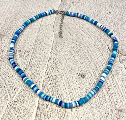 Men's Ocean Hues Beaded Necklace - Adjustable Blue & White Disk Beads
