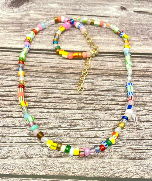 Colorful Glass Bead & Baroque Pearl Necklace (Adjustable 16.5"-18.25")