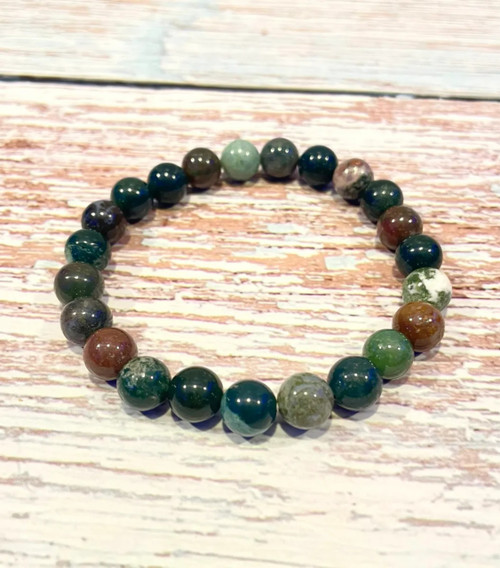 Natural 8mm Indian Agate Stretch Bracelet - Earthy Green & Red Grounding Stones