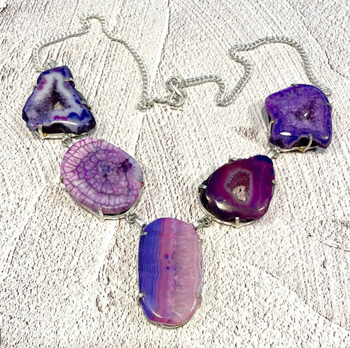 Statement Purple & Pink Agate Slice Necklace - 925 Sterling Silver - Druzy Geode Accents