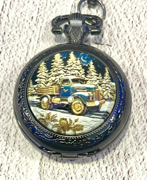 Vintage Truck Winter Scene Pocket Watch & Necklace – Quartz Battery Operated