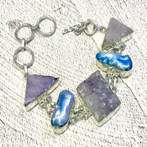 Raw Amethyst Druzy & Baroque Pearl Toggle Bracelet 925 Sterling Silver