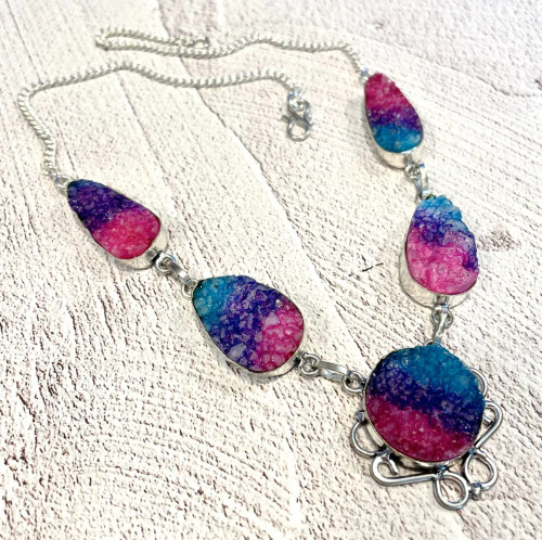 Handcrafted Pink & Blue Titanium Druzy Necklace – 925 Sterling Silver Multi-Stone Statement Piece