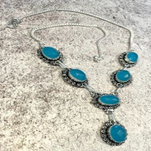 Handmade Blue Chalcedony 925 Sterling Silver Statement Necklace - 19.25" Oval Gemstone Bib Necklace