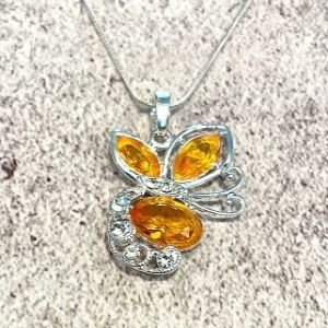 Large Sterling Silver Butterfly Citrine & White Topaz Pendant Necklace, 20" Snake Chain