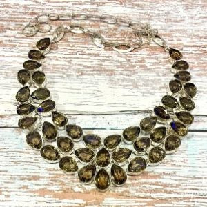 Artisan Smoky Quartz Statement Bib Necklace - 925 Sterling Silver Teardrop Design (116g)