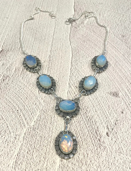 Handcrafted 925 Sterling Silver Milky Opalite Statement Necklace – Artisan Boho Jewelry