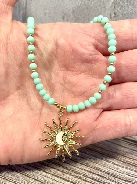Boho 4mm Glass Beaded Sun and Moon Pendant Necklace | Adjustable