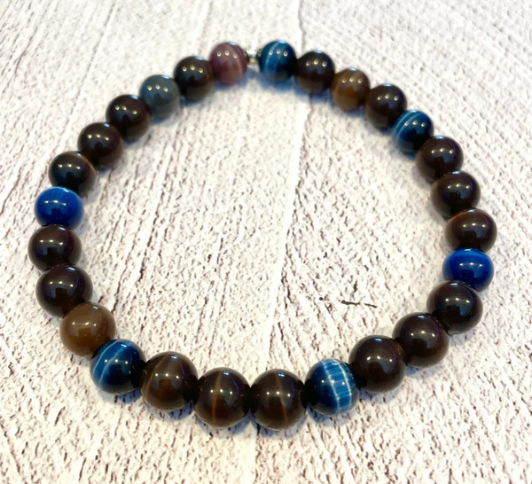 Handmade Brown and Blue Cat Eye Glass Beaded Stretch Bracelet - 7-8 Inch